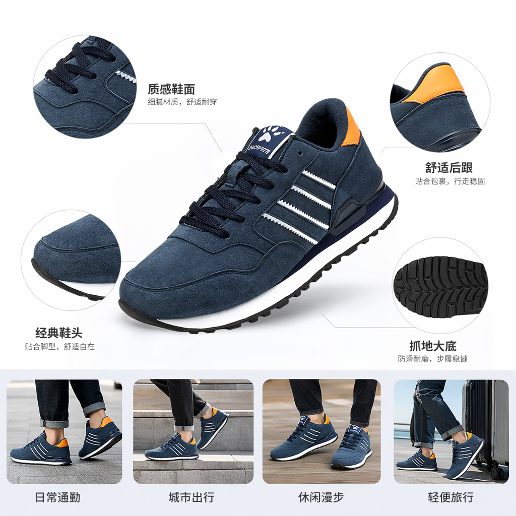 Deep blue suede sports shoes are breathable, shock-absorbing, casual and versatile, suitable for both men and women