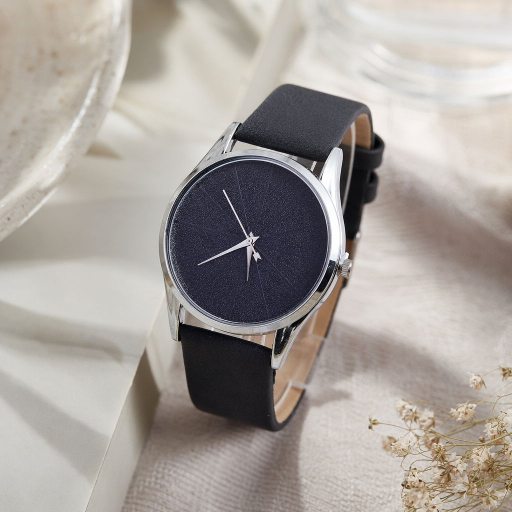 A simple and fashionable quartz watch for men and women with a black strap and silver bezel details Picture