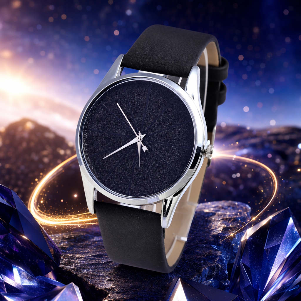 A simple and fashionable quartz watch for men and women with a black strap and silver bezel Specification image