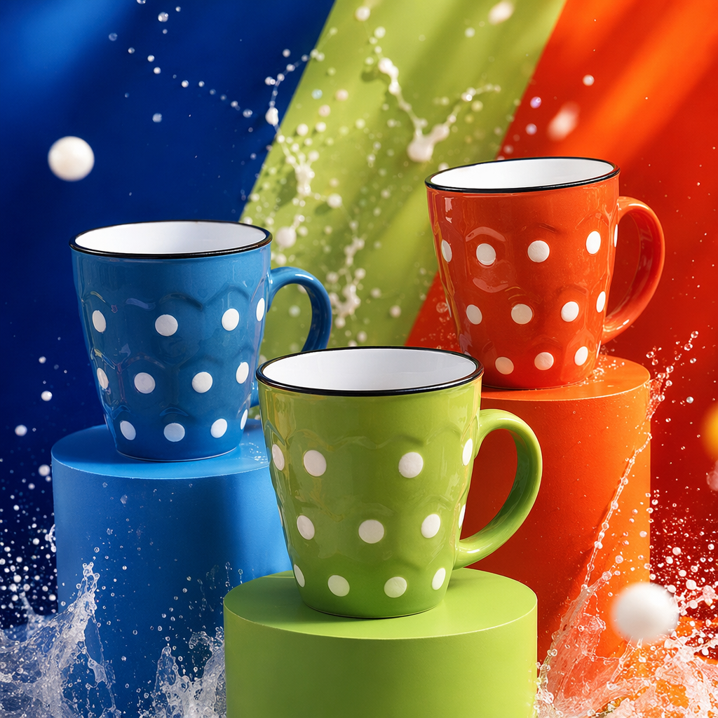 The colorful polka dot ceramic cup is a simple household water cup with a smooth glaze surface after high-temperature firing Specification image