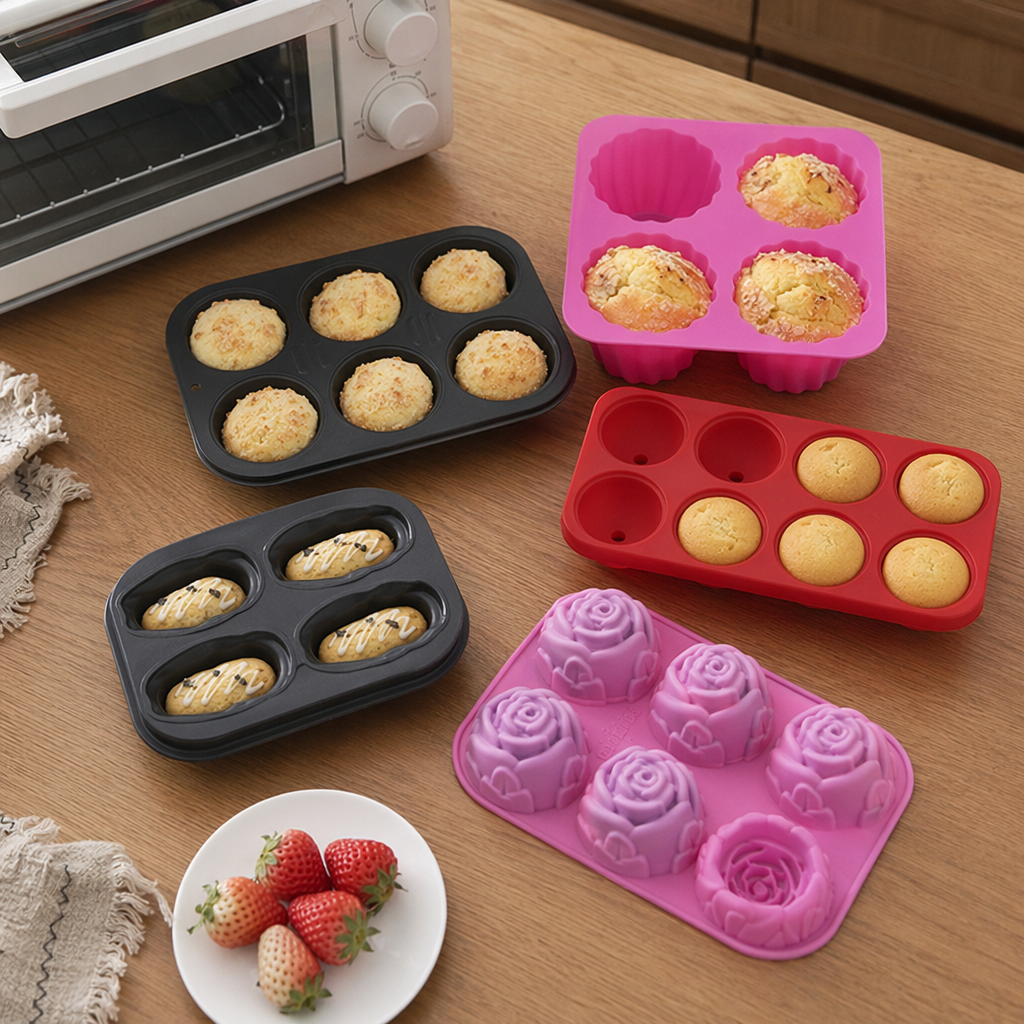 Black six-hole circular, pink rose-shaped silicone mold set with elliptical grooves, red spherical details Picture