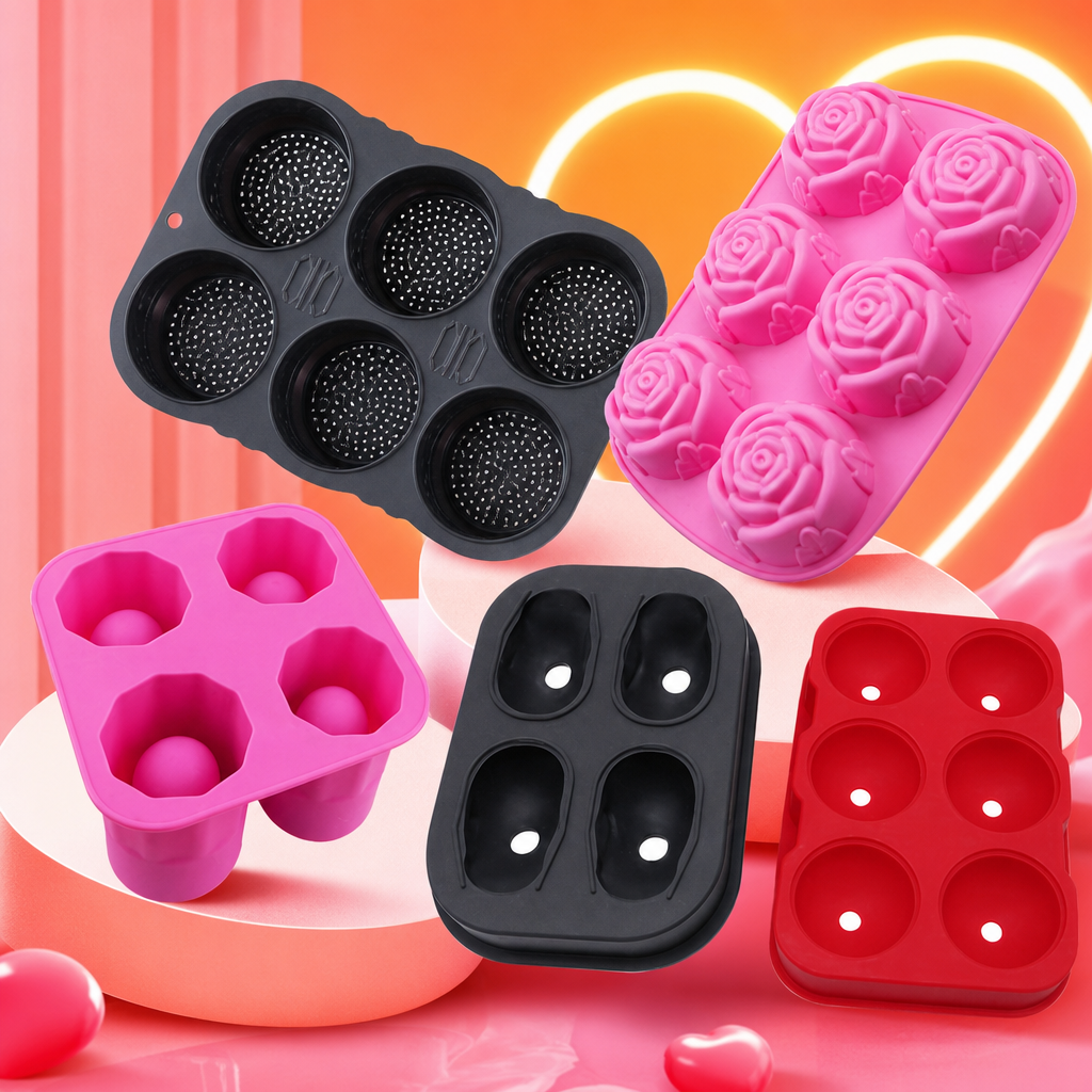 Black six-hole circular, pink rose-shaped silicone mold set with elliptical grooves, red spherical Specification image