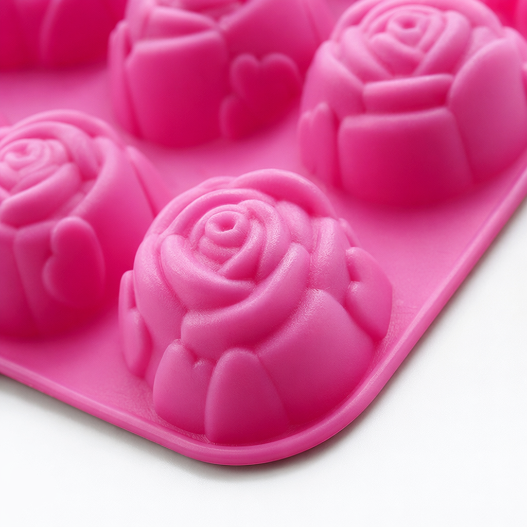 Black six-hole circular, pink rose-shaped silicone mold set with elliptical grooves, red spherical Application Scenario