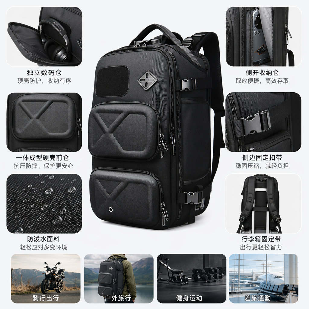 Black nylon scratch-resistant and wear-resistant commuting backpack, lightweight and large capacity