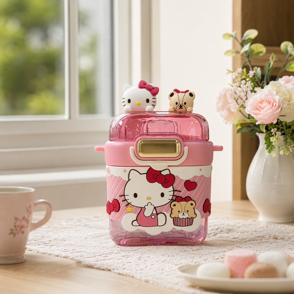 Pink Hello Kitty insulated water Cup 350ml, cute and girlish style portable straw cup details Picture