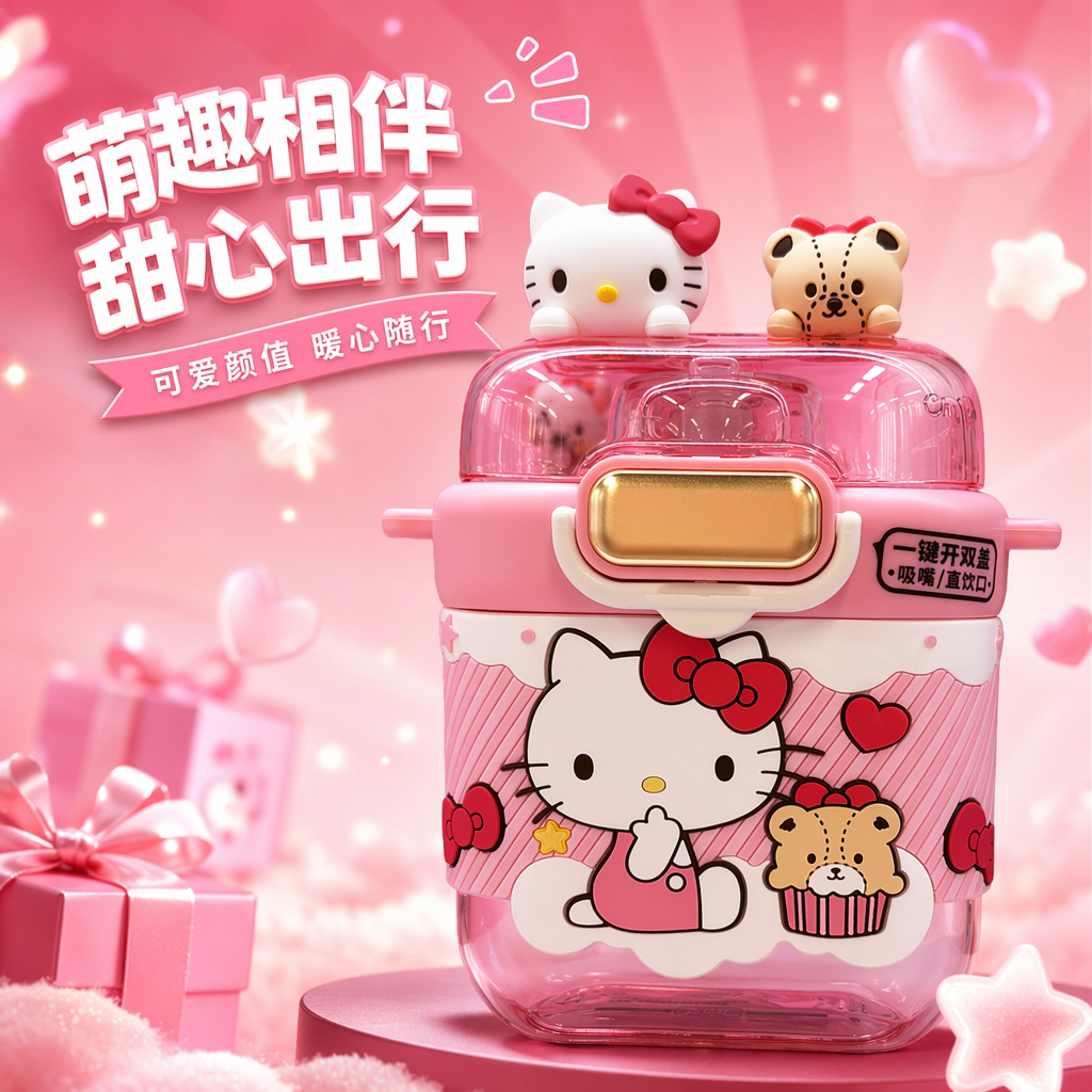 Pink Hello Kitty insulated water Cup 350ml, cute and girlish style portable straw cup Specification image