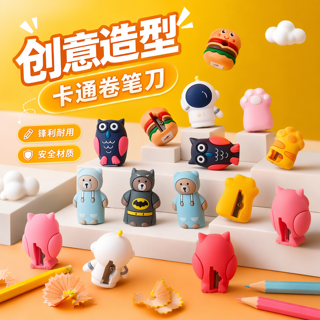 The popular and cute cartoon pencil sharpener, Batman Burger, owl manual pen roller, compact and handy, won't hurt hands, pencil sharpener, children's stationery gift Specification image