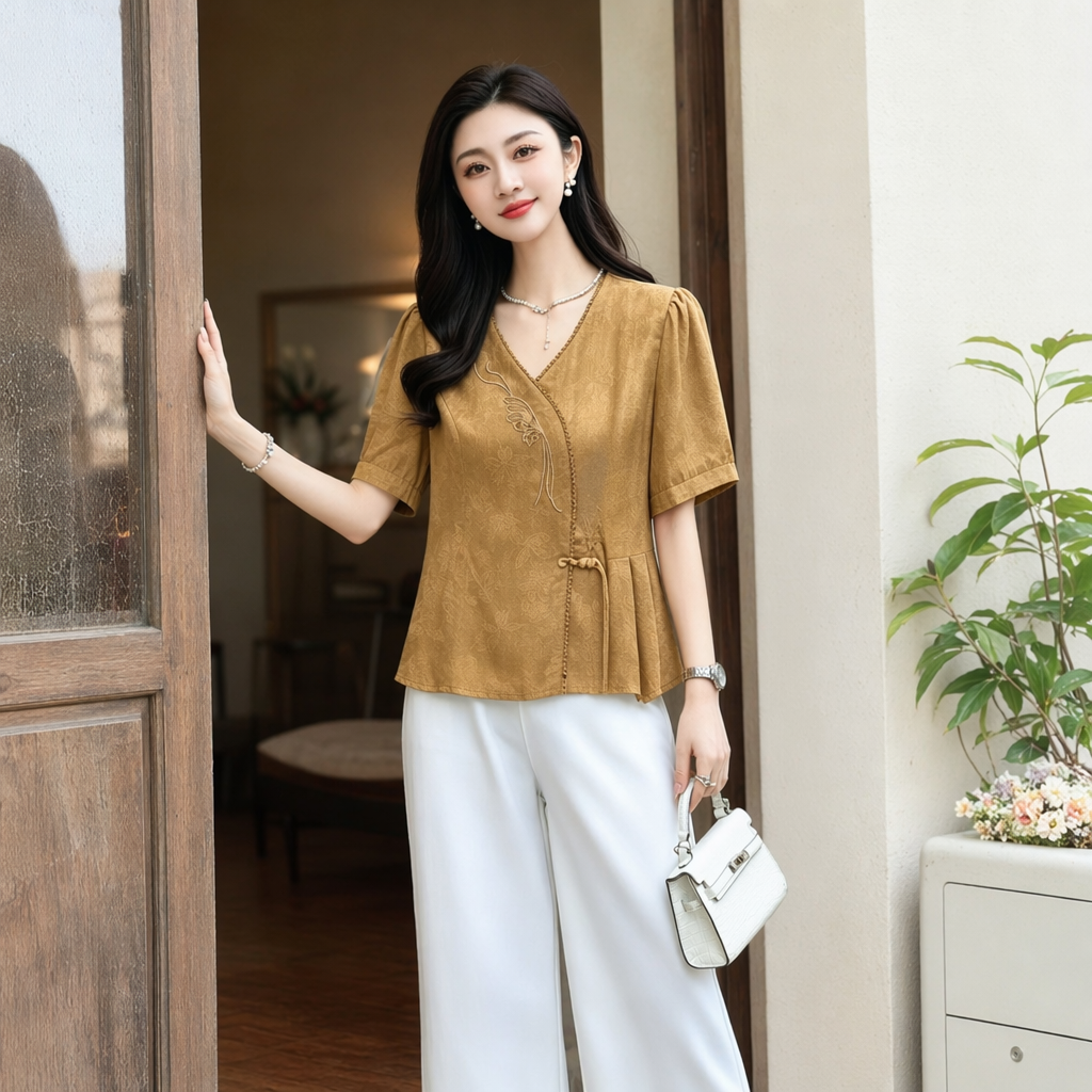 A new summer style of elegant brownish-yellow embroidered V-neck short-sleeved top details Picture