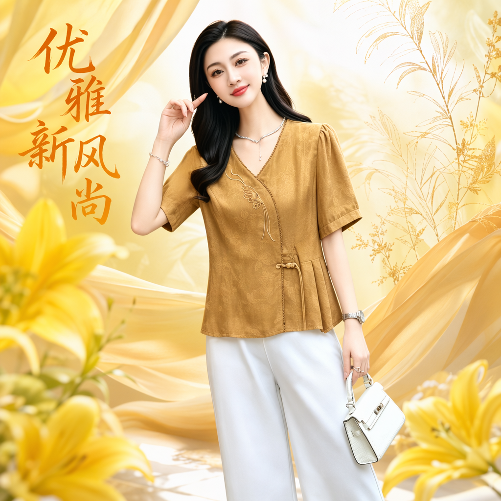 A new summer style of elegant brownish-yellow embroidered V-neck short-sleeved top Specification image