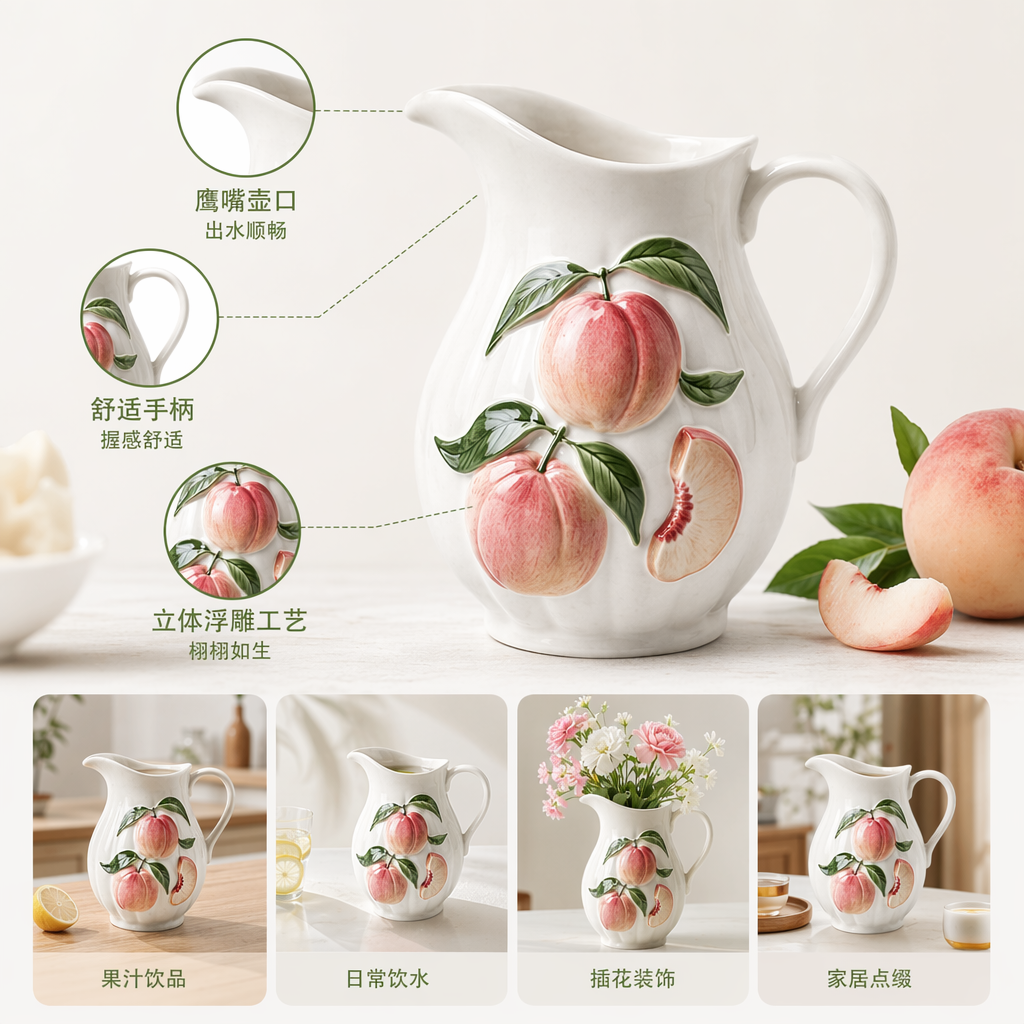 白色陶瓷水果装饰水壶 家居摆件厨房用品创意茶壶