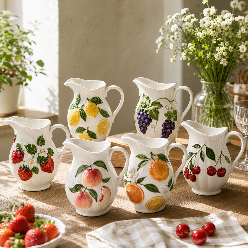 White ceramic fruit-decorated kettle, home decoration, kitchenware, creative teapot details Picture