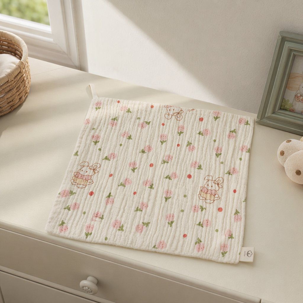 The off-white floral rabbit pattern square towel is made of pure cotton, absorbing sweat and is lightweight and portable details Picture