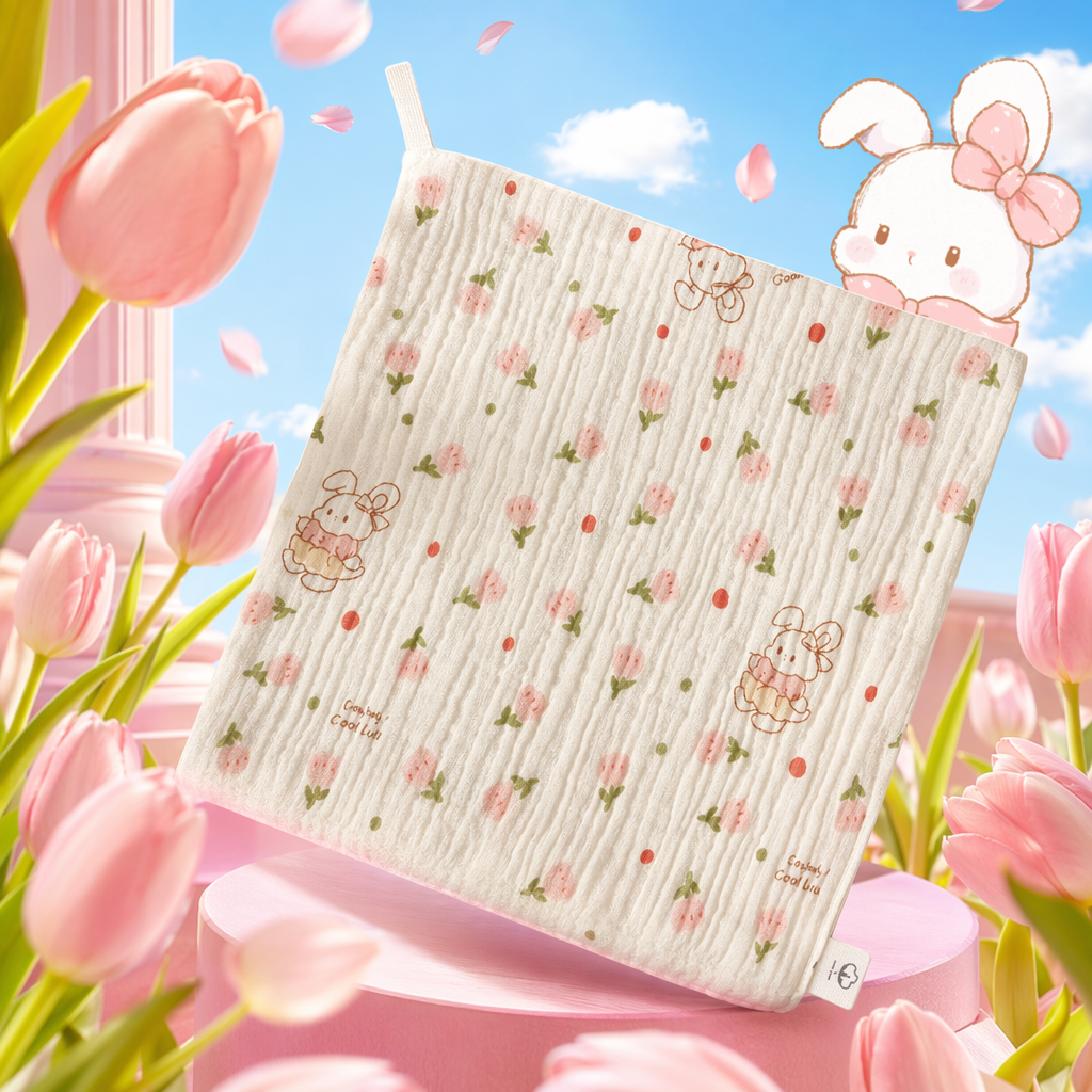 The off-white floral rabbit pattern square towel is made of pure cotton, absorbing sweat and is lightweight and portable Specification image