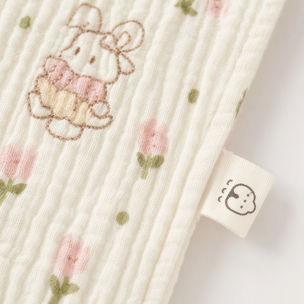 The off-white floral rabbit pattern square towel is made of pure cotton, absorbing sweat and is lightweight and portable Application Scenario