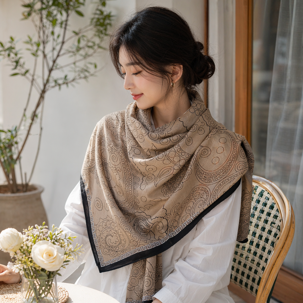 The beige Paisley patterned cashmere blended scarf is light, soft and suitable for all seasons details Picture