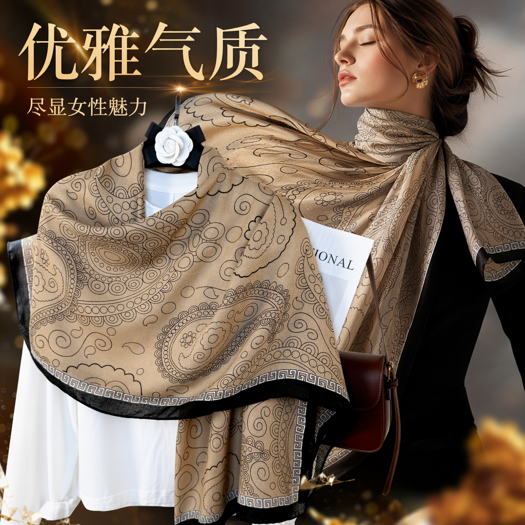 The beige Paisley patterned cashmere blended scarf is light, soft and suitable for all seasons Specification image