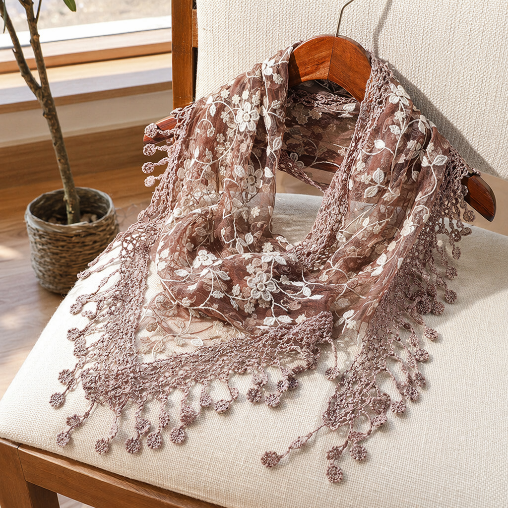 Brown lace-trimmed scarf for women, warm, fashionable and versatile long style for autumn and winter details Picture