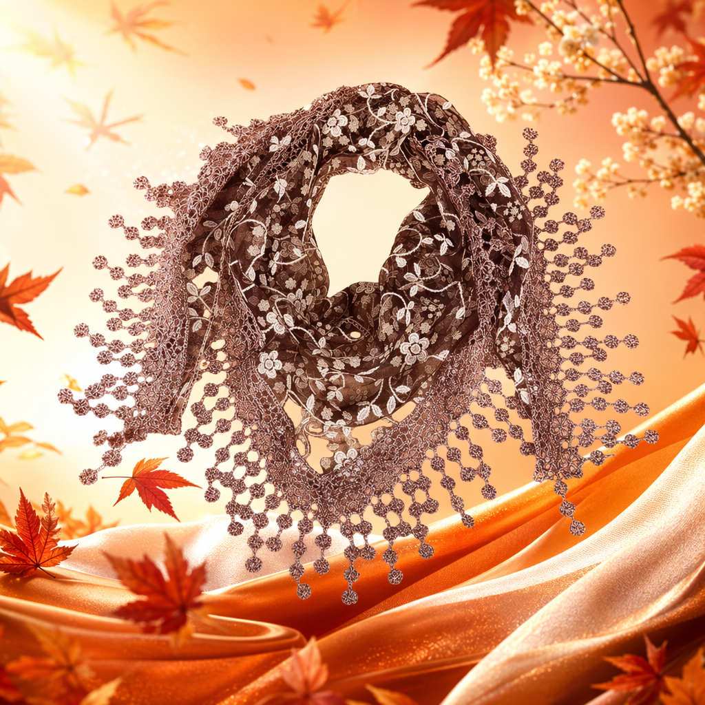 Brown lace-trimmed scarf for women, warm, fashionable and versatile long style for autumn and winter Specification image