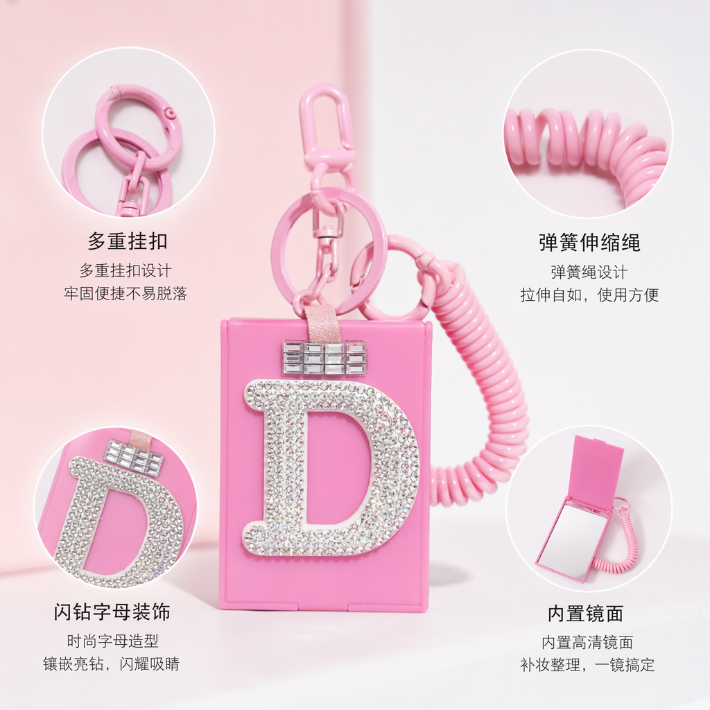 Pink keychain with diamond-encrusted letter D spiral bracelet as a fashionable accessory
