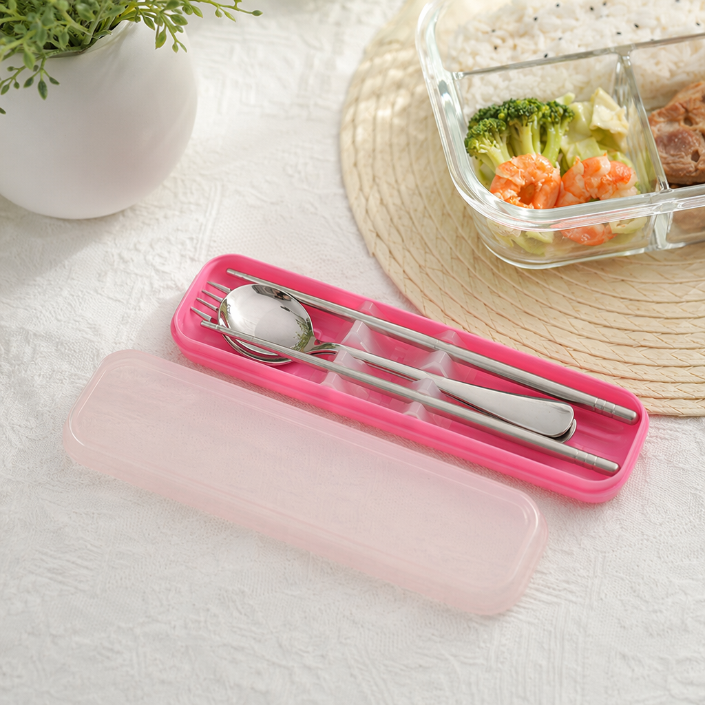 Pink portable tableware box, stainless steel spoon, fork and chopsticks set, lightweight for travel and home use details Picture