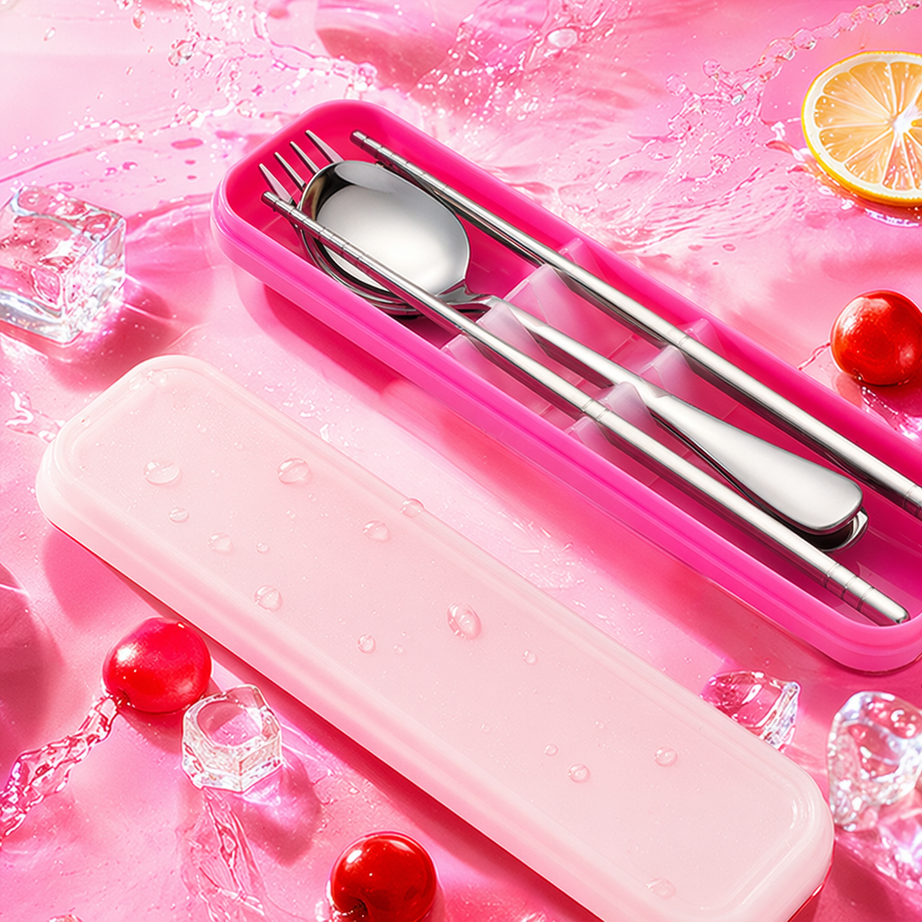 Pink portable tableware box, stainless steel spoon, fork and chopsticks set, lightweight for travel and home use Specification image