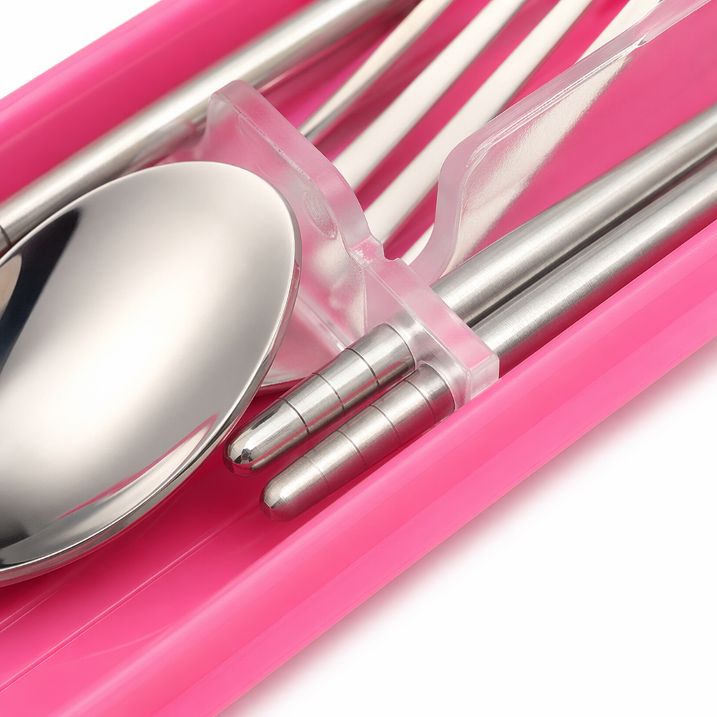 Pink portable tableware box, stainless steel spoon, fork and chopsticks set, lightweight for travel and home use Application Scenario
