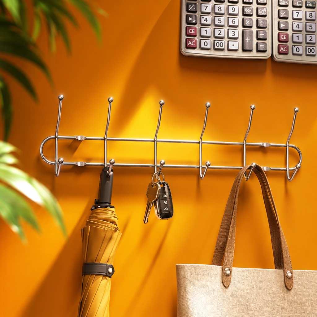 Silver metal wall hook rack, a multi-functional storage and hanging rack for bathrooms and kitchens without drilling Specification image