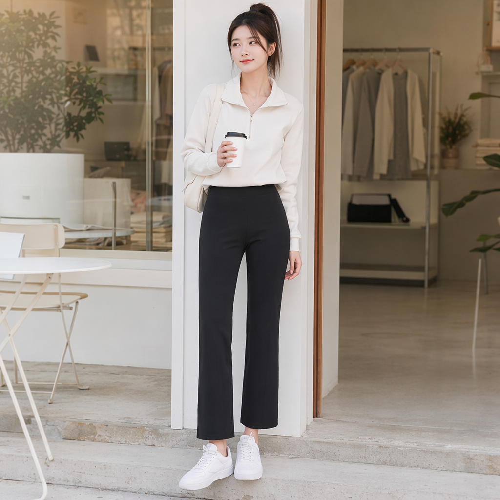 Black high-waisted slightly flared pants paired with white sports shoes are casual, slimming and versatile details Picture