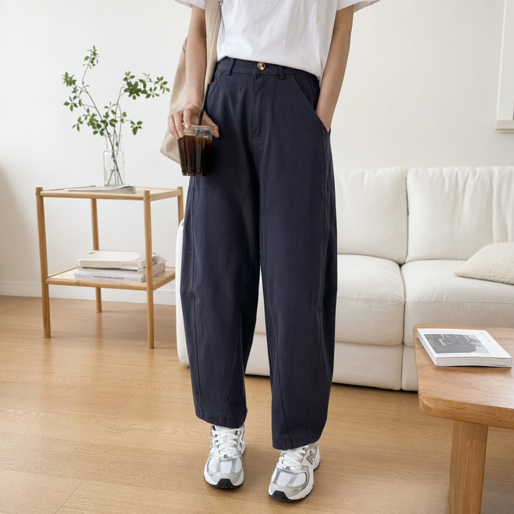 Deep blue tencel cotton curved knife pants, slimming and high-stretch casual trousers details Picture