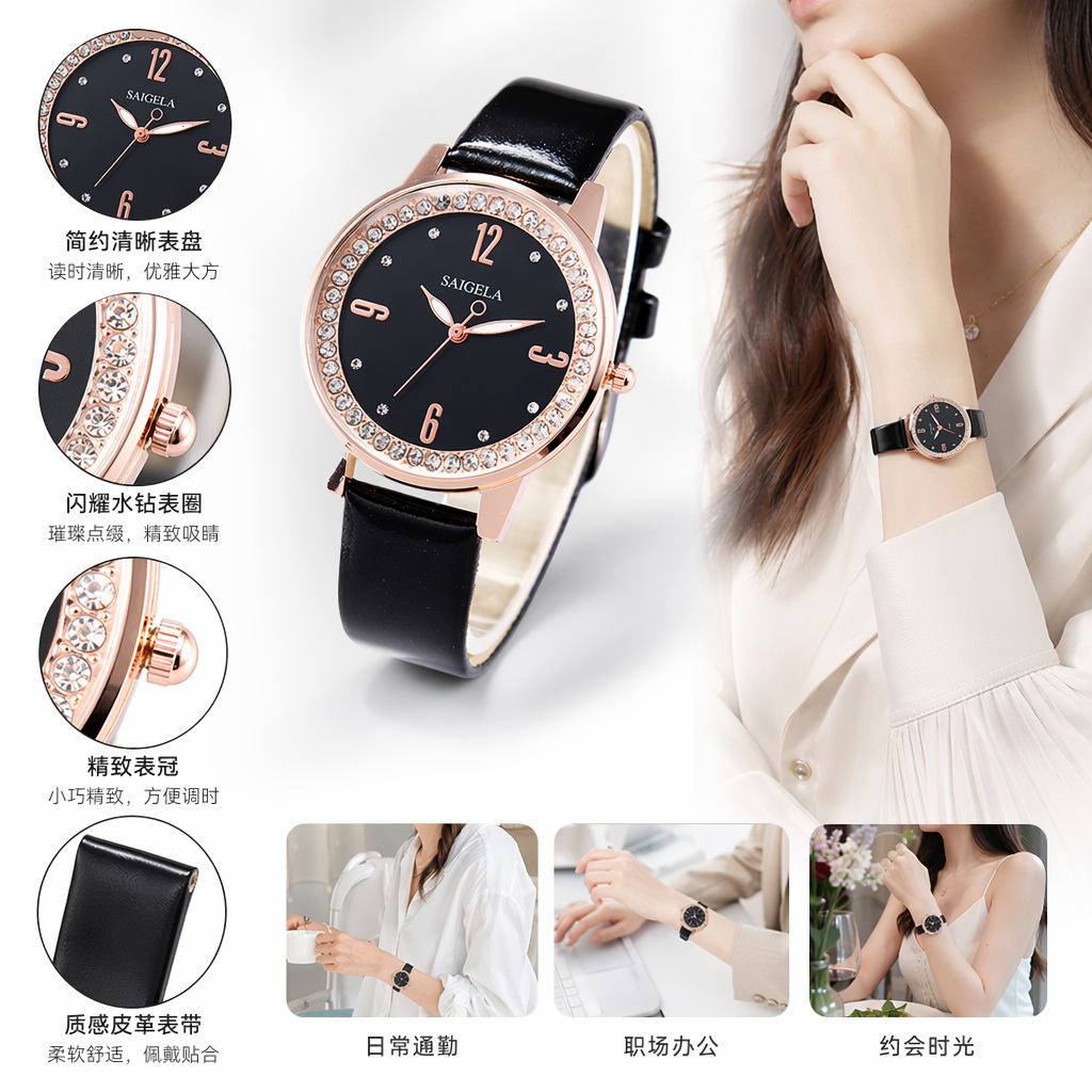 A rose gold diamond-encrusted bezel and black leather strap ladies' watch