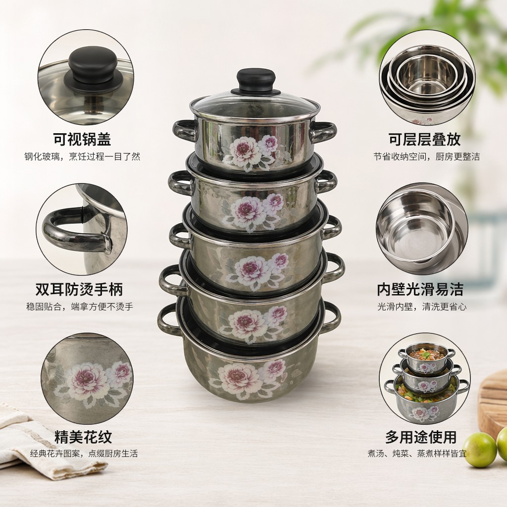 银色玫瑰花图案锅具套装 不粘煎炒炖煮三件套