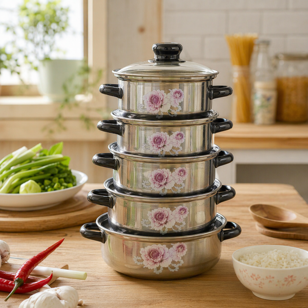 Silver rose-patterned cookware set, non-stick three-piece set for frying, stir-frying, stewing and boiling details Picture