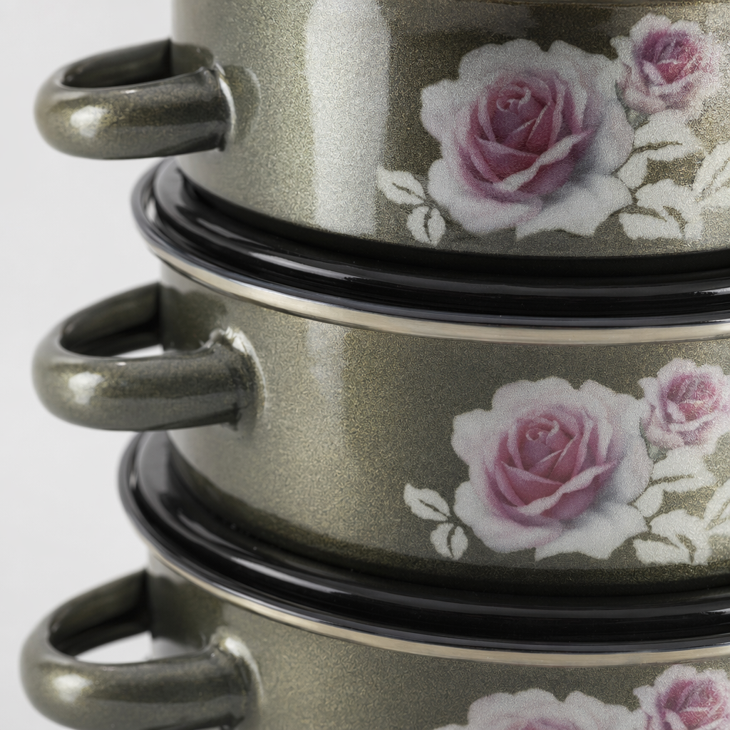 Silver rose-patterned cookware set, non-stick three-piece set for frying, stir-frying, stewing and boiling Application Scenario