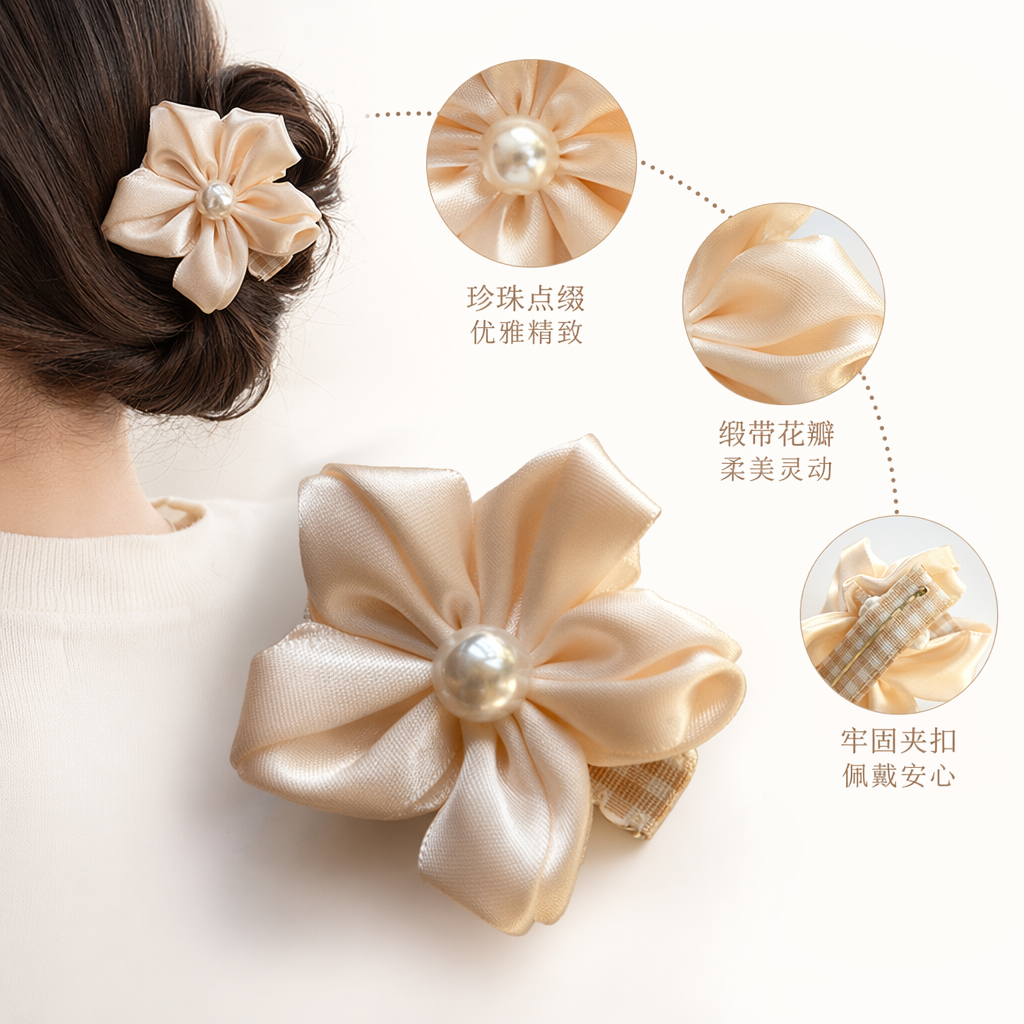 A light pink ribbon flower hairpin, a sweet Korean headwear for women, and a fresh and cute hairpin