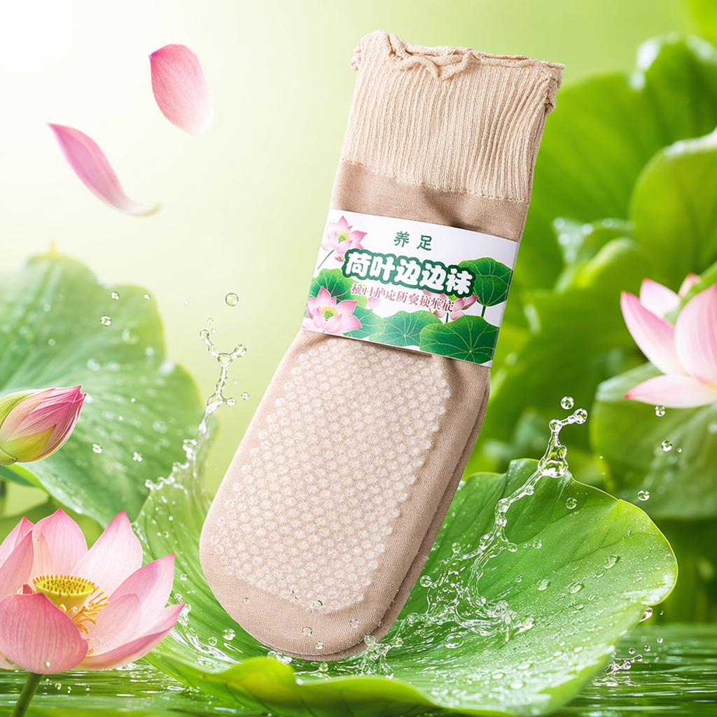 Beige anti-slip socks with white dots on the soles, raised lotus patterns, ribbed cuffs, and full lotus leaf fringes Specification image
