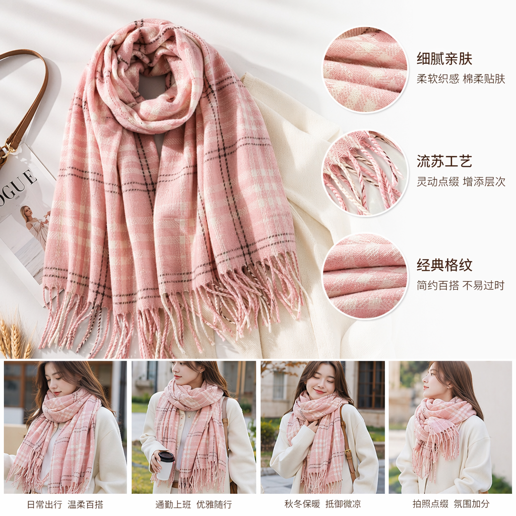 Pink checkered scarf made of pure cotton for warmth, suitable for both men and women in autumn and winter, fashionable and versatile