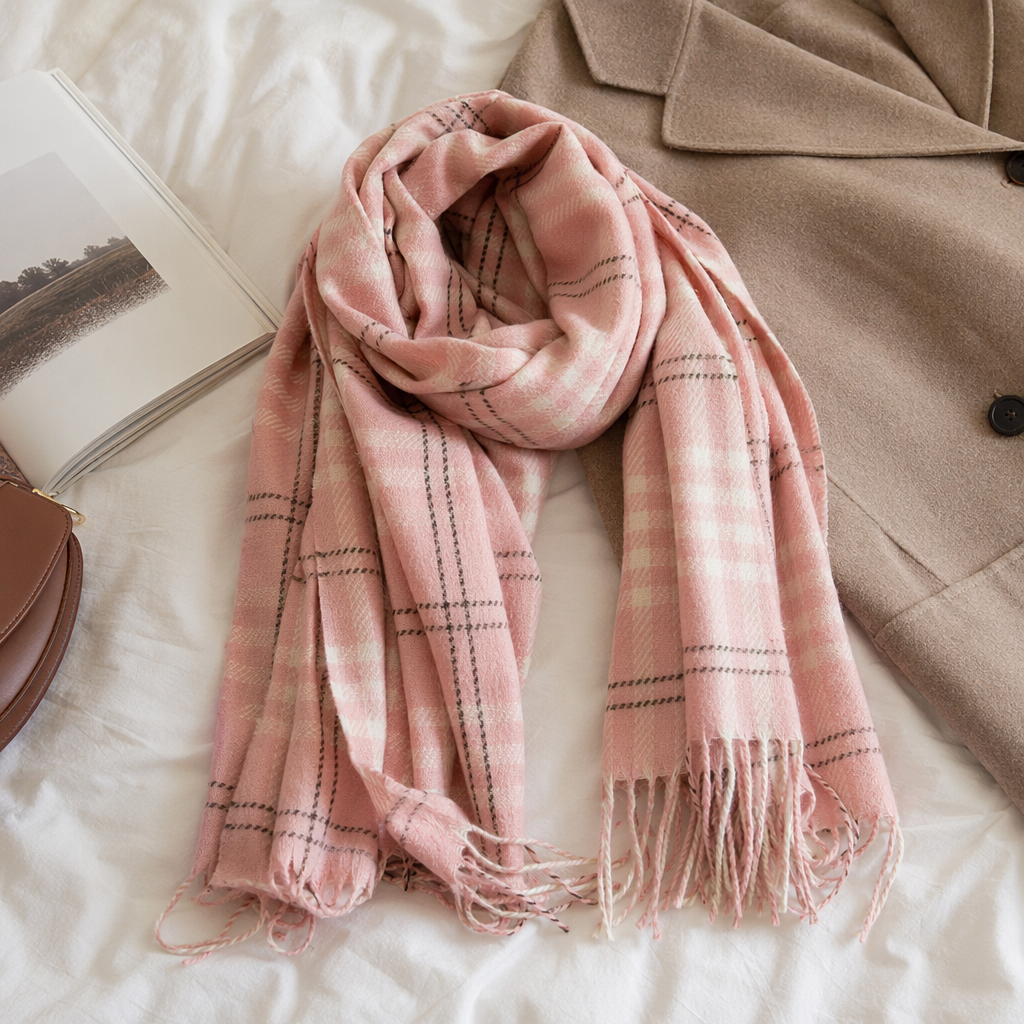 Pink checkered scarf made of pure cotton for warmth, suitable for both men and women in autumn and winter, fashionable and versatile details Picture