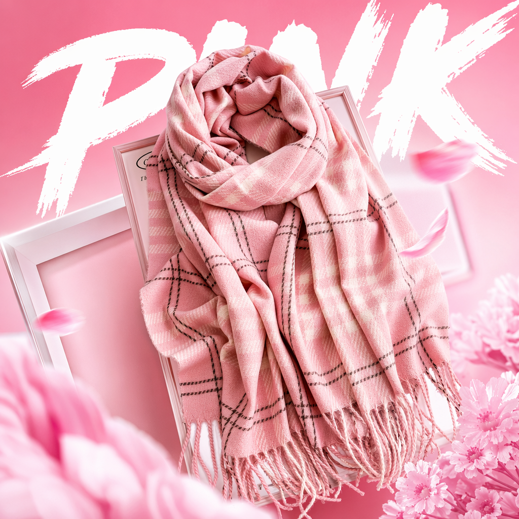 Pink checkered scarf made of pure cotton for warmth, suitable for both men and women in autumn and winter, fashionable and versatile Specification image