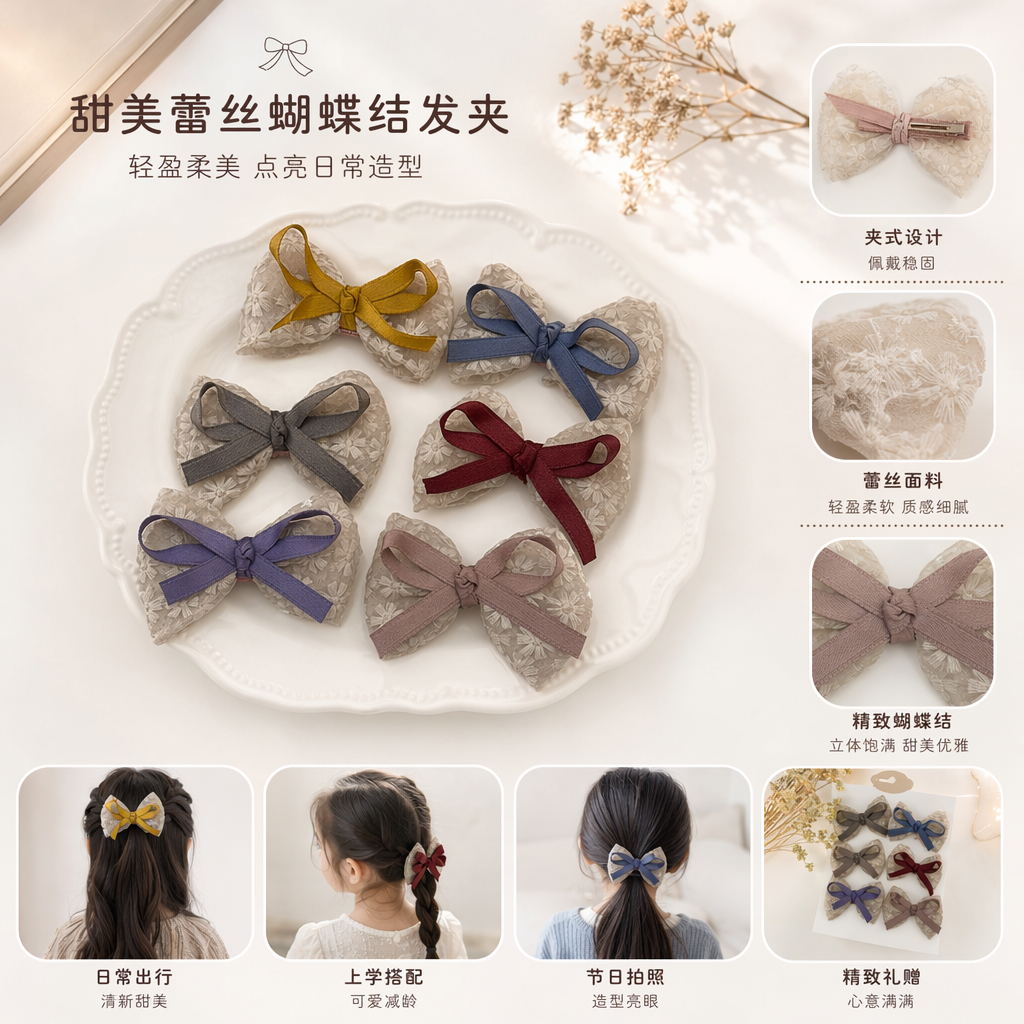 Six colorful ribbon bow hair accessories for girls and adults, suitable for tying hair and headwear full image
