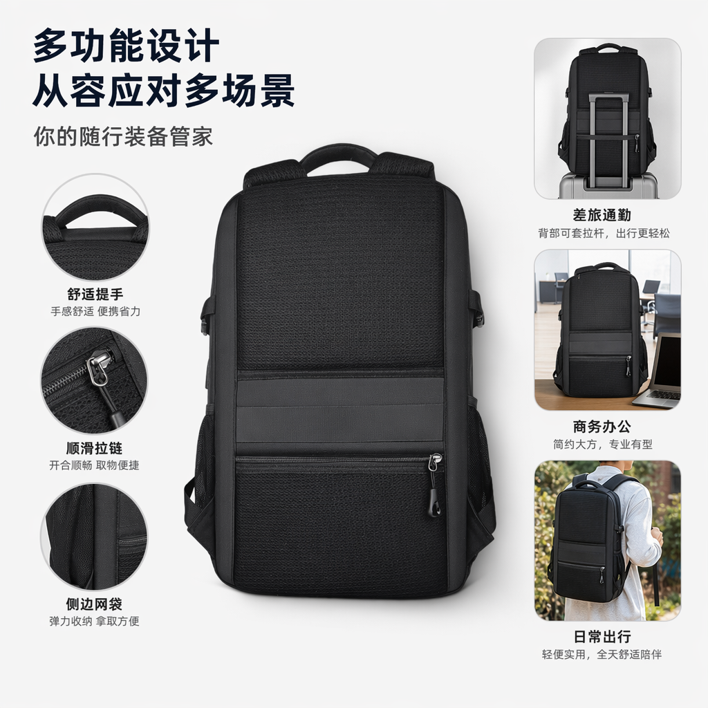 黑色简约商务休闲背包男女同款轻便大容量
