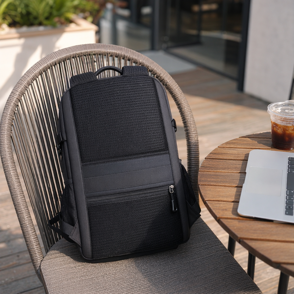 Black simple business casual backpack for both men and women, lightweight and with large capacity details Picture