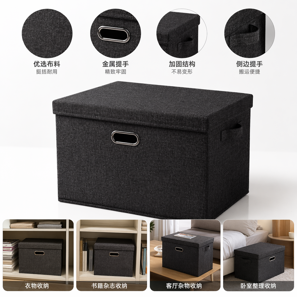 Black fabric storage box, large-capacity home organization box, simple Nordic style