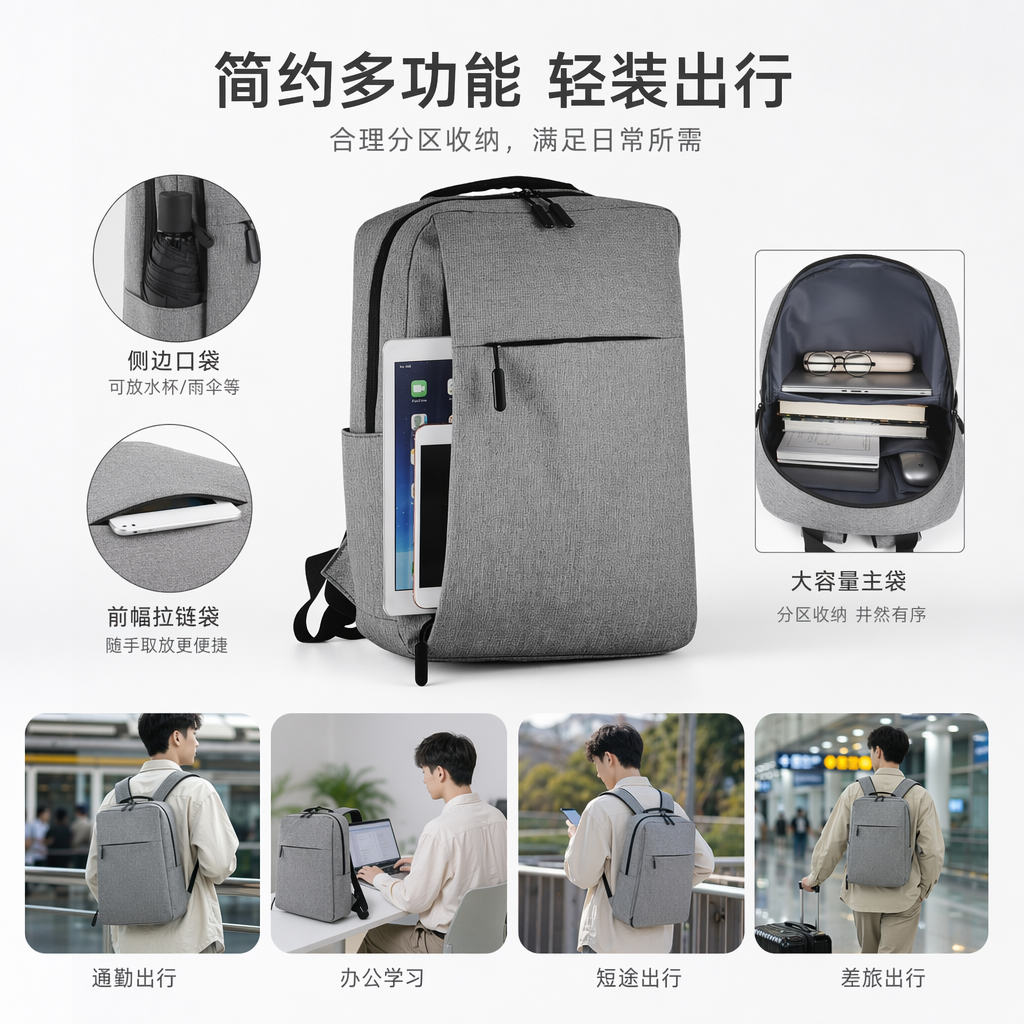 灰色简约时尚通勤背包男女通用大容量轻便旅行包