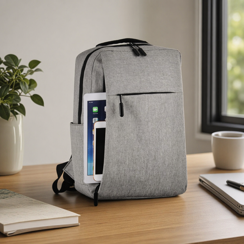 A simple and fashionable grey commuter backpack, a large-capacity lightweight travel bag suitable for both men and women details Picture