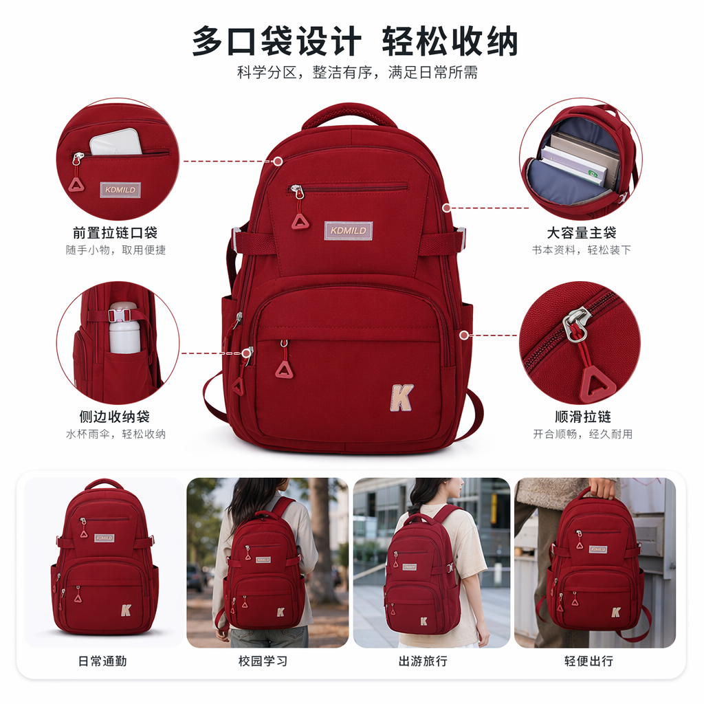 Red backpack, fashionable and casual, large-capacity, lightweight and durable backpack for student commuting