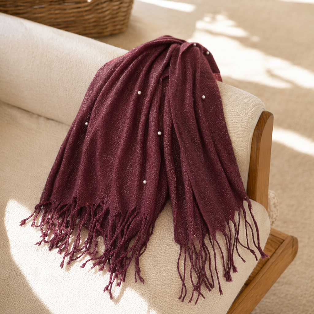Wine red pearl tassel scarf, a long knitted shawl for women to keep warm in autumn and winter details Picture