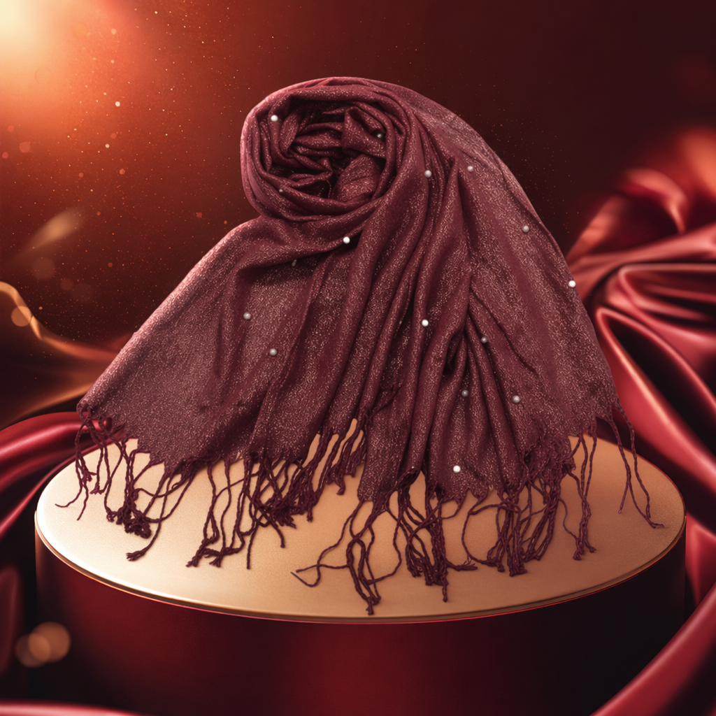 Wine red pearl tassel scarf, a long knitted shawl for women to keep warm in autumn and winter Specification image