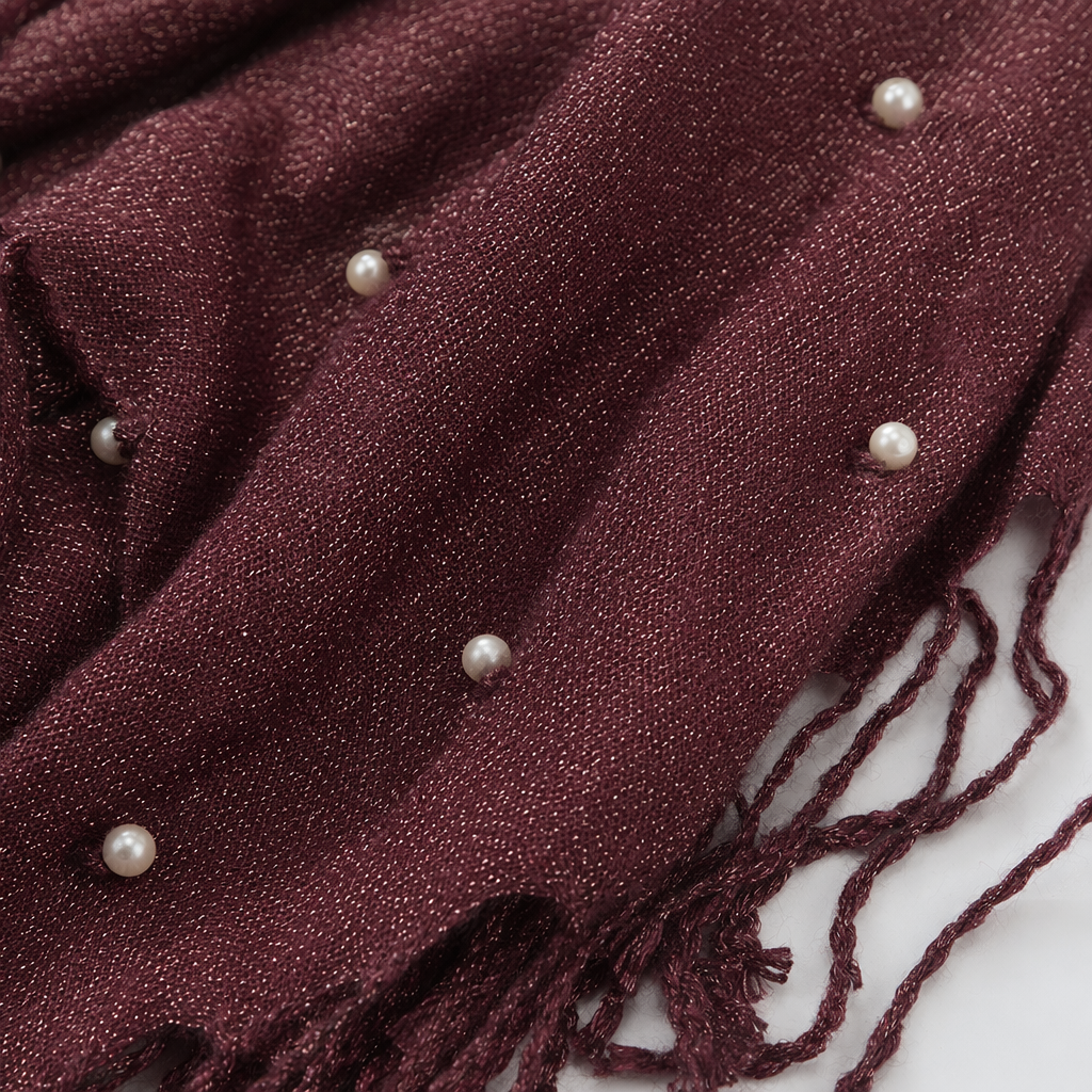 Wine red pearl tassel scarf, a long knitted shawl for women to keep warm in autumn and winter Application Scenario