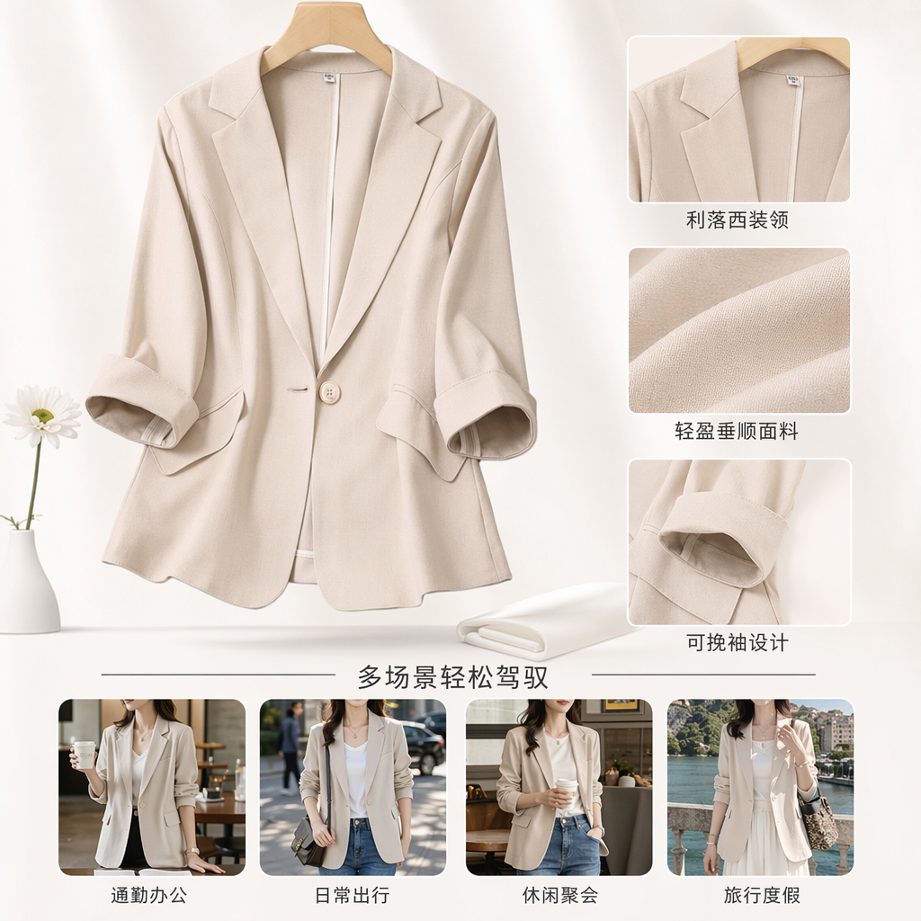 Beige fitted suit jacket for women's spring and autumn business casual single-piece suit jacket
