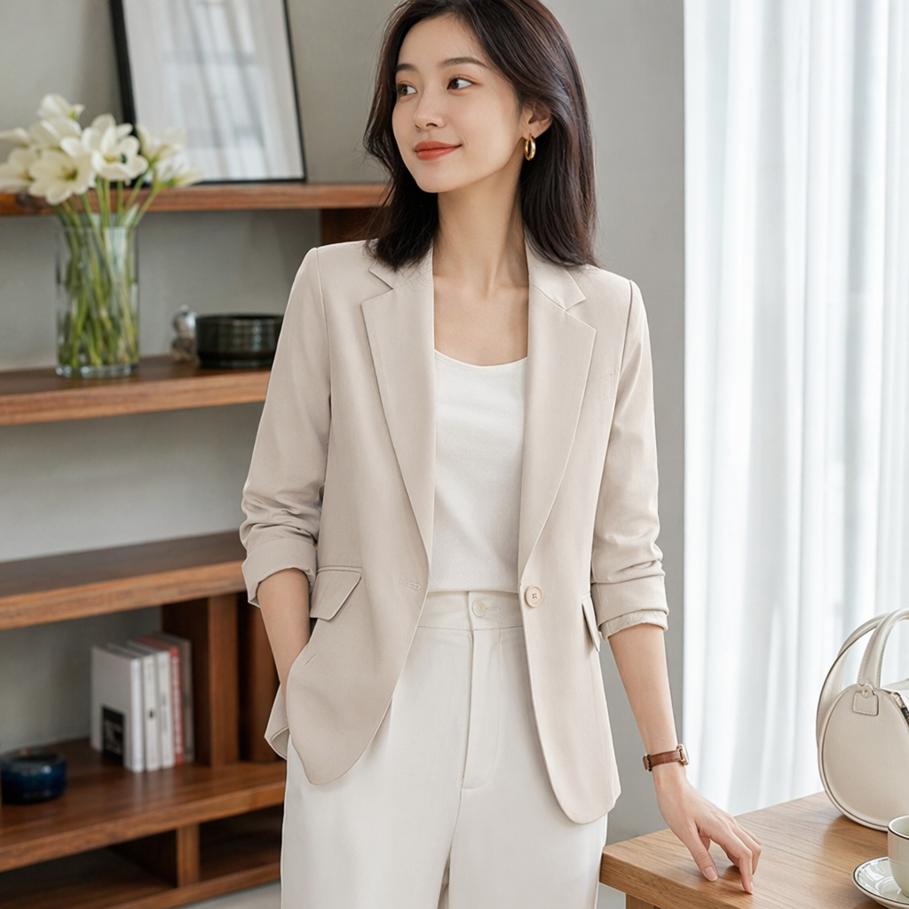 Beige fitted suit jacket for women's spring and autumn business casual single-piece suit jacket details Picture